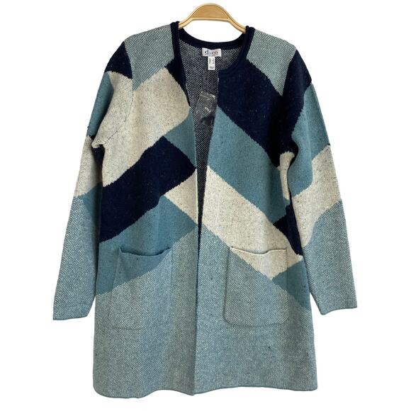 Denim & Co. Colorblock Long Cardigan Sweater Women S Blue Geometric Preppy NEW - Picture 1 of 7